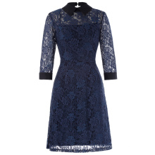 Kate Kasin 3/4 Sleeve Point Collar Open Back 2pcs Set Floral Navy Blue Lace A-Line Robe KK000484-1